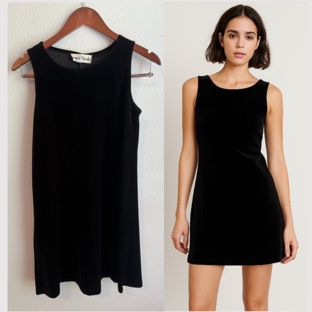 Vintage 90s Velvet Sleeveless Black Mini Dress Womens Petite Small Medium